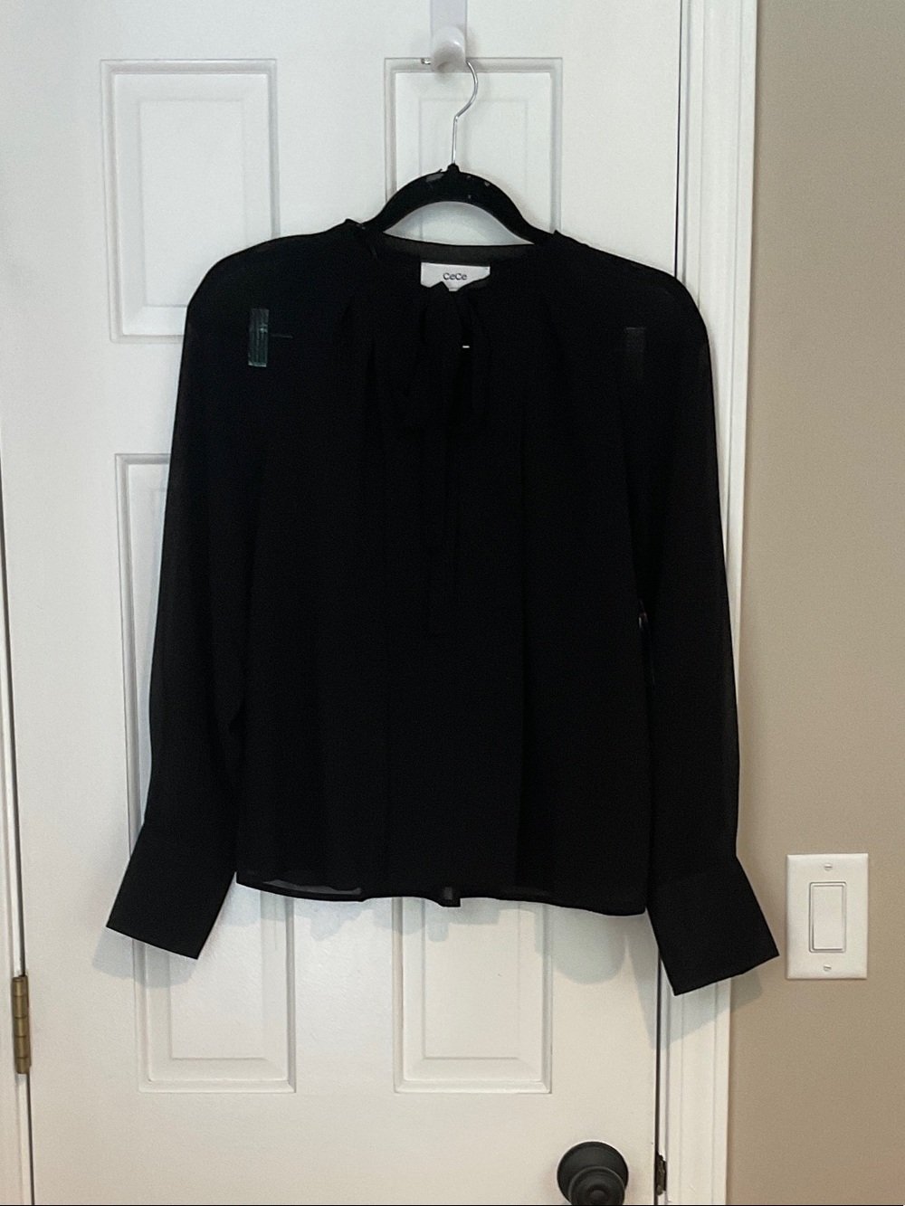 CeCe Black Tie-Neck Long-Sleeve Blouse
